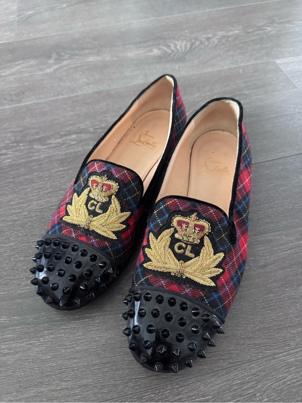 Christian Louboutin Red and Black Plaid Loafers with Gold Crest